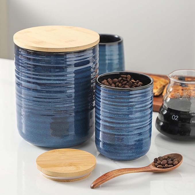 Hasense 80oz Ceramic Food Storage Jar with Airtight Bamboo Lid – 7.5 Inch Large Kitchen Canister for Coffee, Sugar, Flour, Tea, Snacks – Wide Mouth Blue Container for Pantry Organization