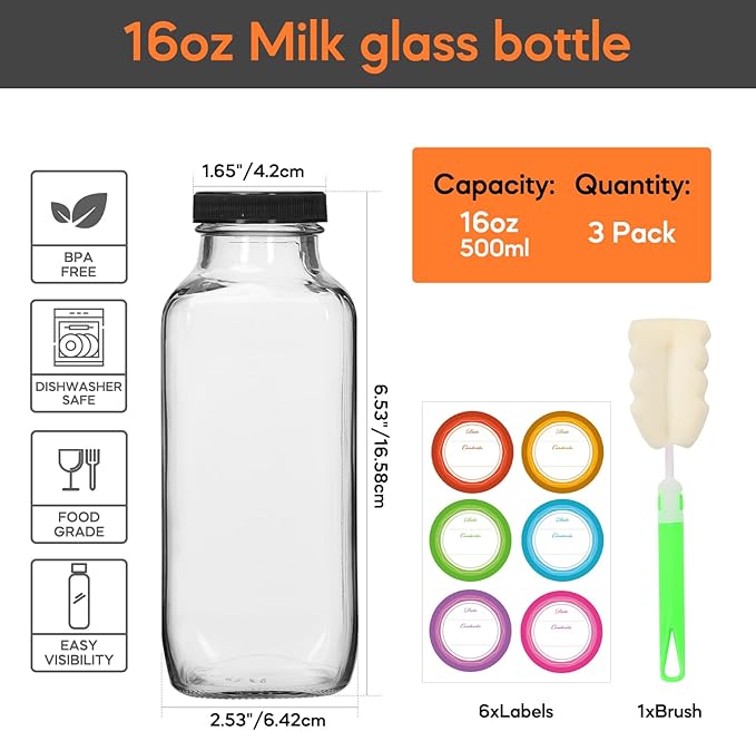 STARSIDE 16 oz Glass Juice Bottles with Lids 3 Pack - Square Reusable Drinking Jars for Juicing, Milk, Kombucha - Includes 1 Bottle Brush, 6 Colored Labels