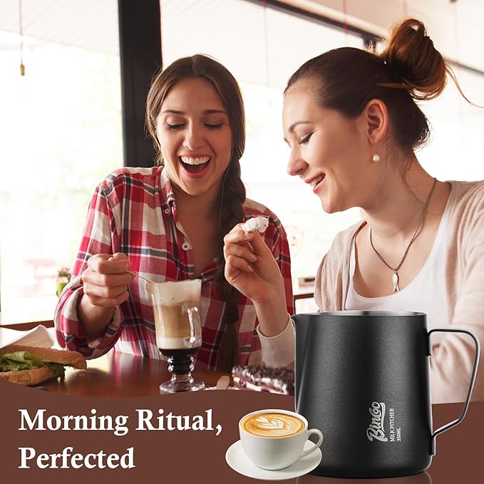 Milk Frothing Pitcher - 350ml/12oz Milk Frother Cup Espresso Steaming Pitcher for Barista, Bincoo SUS304 Stainless Steel Espresso Steaming Pitchers for Latte Art/Cappuccino/Coffee (Dark-Blue-350ml)