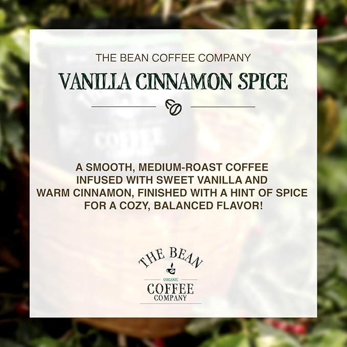 The Bean Organic Coffee Company Holiday Bean (Vanilla Cinnamon Spice), Medium Roast, Ground Coffee, 16-Ounce Bags (Pack of 2),Café molido tostado organico