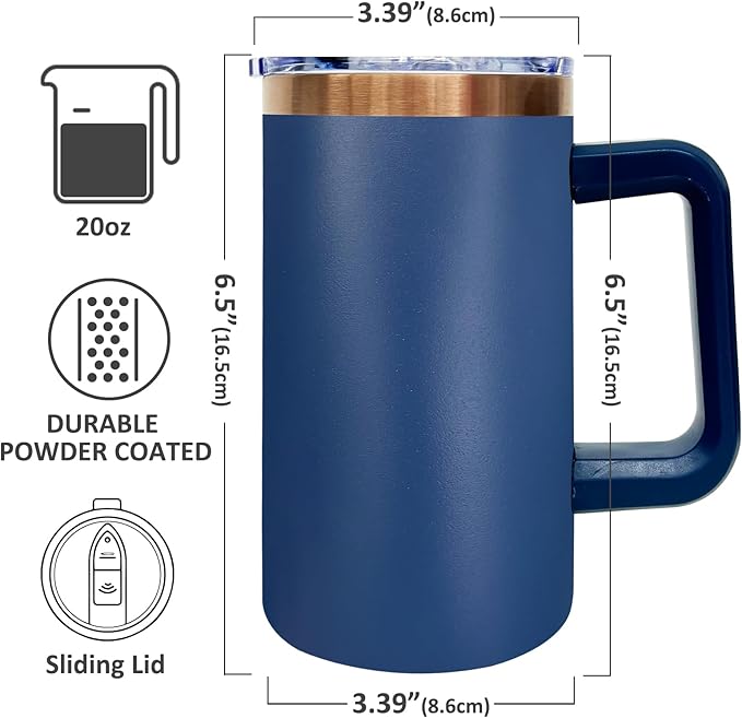 20 oz Insulated Coffee Mug with Lid, Stainless Steel Coffee Tumbler Bulk, Double Wall Vacuum Travel Mug with Handle, Leakproof Powder Coated Coffee Cups for Hot and Cold Drinks (Navy,1 pack)