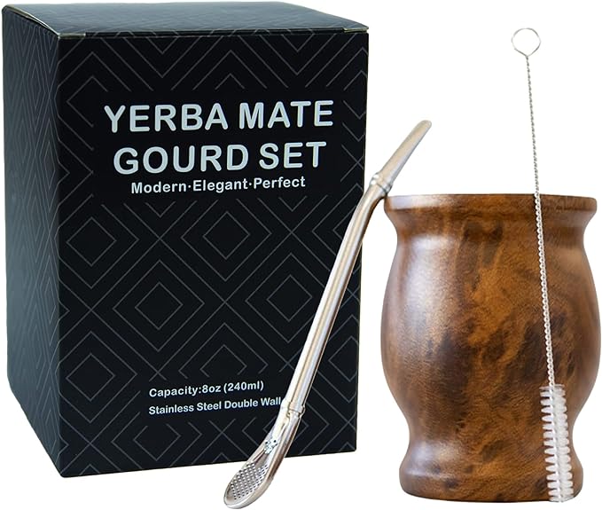LA FEE Yerba Mate Natural Gourd/Tea Cup Set Brown (Original Traditional Mate Cup - 8 Ounces)，Includes Yerba Mate Straw & Cleaning Brush，Stainless Steel | Double-Walled | Easy to Clean (Brown)
