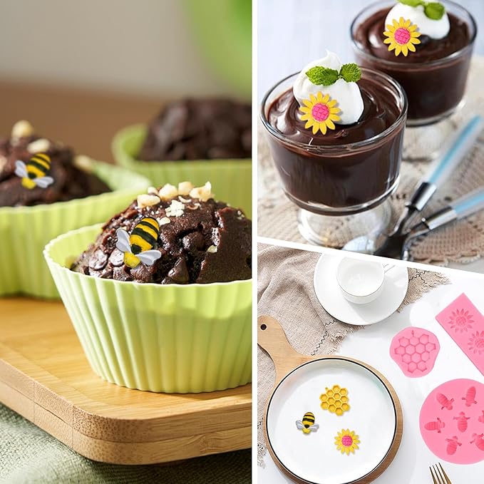 4 Pcs Bumble Bee Silicone Molds Kit with Honeycomb, Bee and Sunflower, Fondant, Chocolate, Cupcake, Cake Decorating, Candy Molds(Pink)