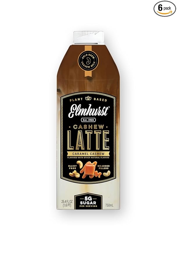 Elmhurst 1925 Caramel Cashew Latte – Plant-Based, Vegan, Dairy-Free Plant Milk Latte Made of Cashew Milk, Cold Brew Premium Arabica with 95mg Caffeine & Sweet Caramel Notes – 25.4oz (Pack of 6)
