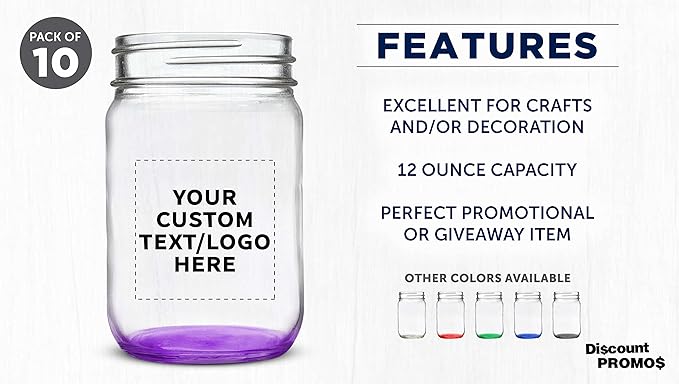 DISCOUNT PROMOS Custom Decorating Mason Jars 12 oz. Set of 10, Personalized Bulk Pack - Glass Jars for Overnight Oats, Candies, Fruits, Pickles, Spices, Beverages - Purple