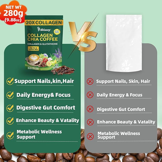 20x Collagen Chia Coffee - 11-in-1 Coffee Shape Mix with Collagen & Chia Seeds, L-Glutathione for Skin, Hair, Joints - Boost Energy and Improve Focus, Vegan Friendly, 45 Servings
