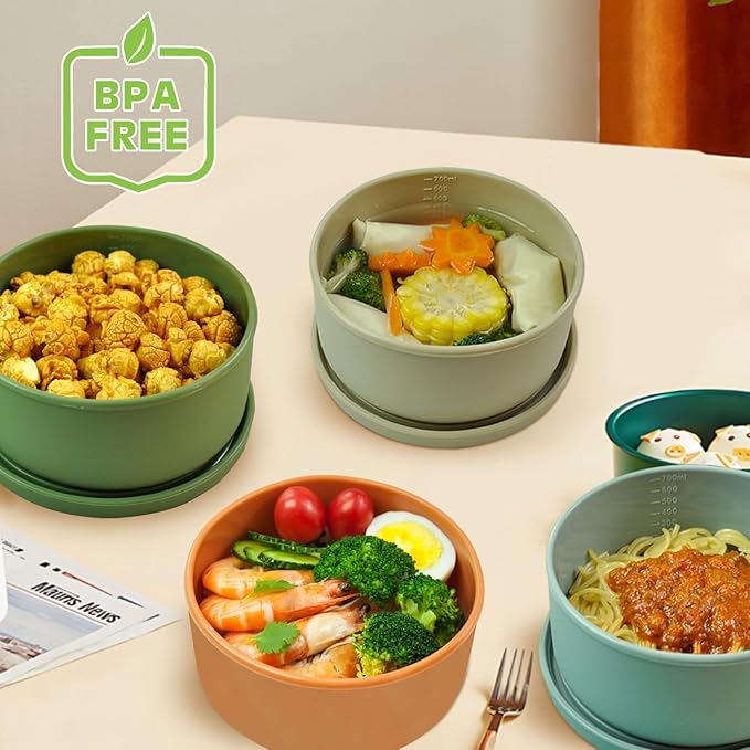 XU&PEIQI Silicone Lunch Bowls Bento Box with Lid Round Food Containers Microwave Refrigerator Safe Bowls Fruit Container Sealed Against Leakage,BPA-Free. 24 oz.(Baby blue)
