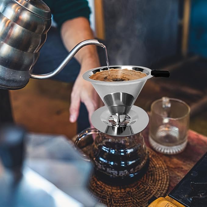 Pour Over Coffee Dripper-Stainless Steel Coffee Filter,Reusable Drip Cone Coffee Filter Portable Pour for 1-4 Cup (With Base, L)