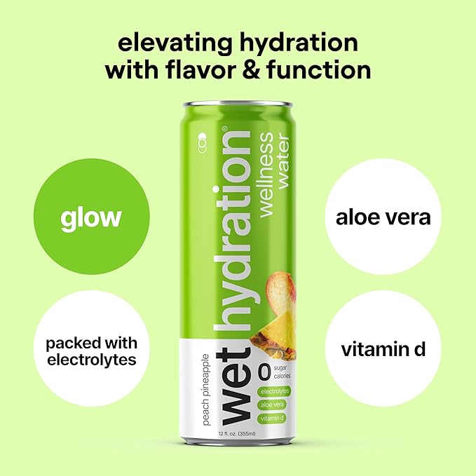Wet Hydration | Functional Wellness Water, Non-Carbonated - Peach Pineapple (12 Ounce Cans, Pack of 12) - Flavored Water, Hydration Drink, No Sugar, No Artificial Ingredients, Zero Calories (Packaging May Vary)