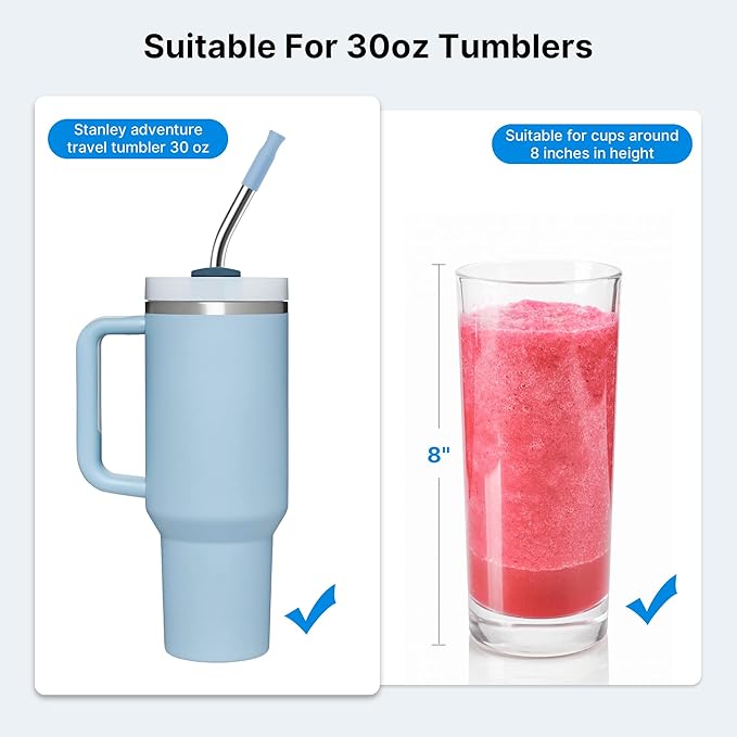 2 Pcs Stainless Steel Straw with Silicone Tips for 40 oz Stanley Tumbler, Repeatable 40 oz Metal Straws for Stanley Adventure Quencher Travel Tumbler Cup, BPA Free（Light Blue）