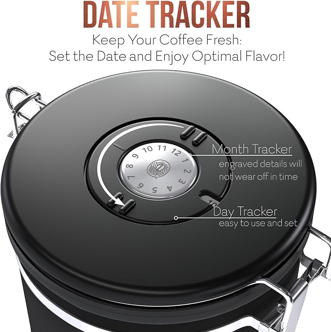 Large Coffee Canister – Airtight Stainless Steel Storage Container with Date Tracker & Scoop, Sealed Jar for Grounds, Beans, Tea, Flour, Cereal, and Sugar (Black Esspresso, 38OZ)