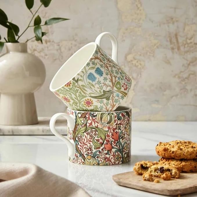Spode Morris & Co Porcelain Mugs, Set of 2-12oz Microwave and Dishwasher Safe Tea & Coffee Cups for Kitchen Countertop or Home Brew Coffee Station, Great Gift for Mothers (Blackthorn & Golden Lily)