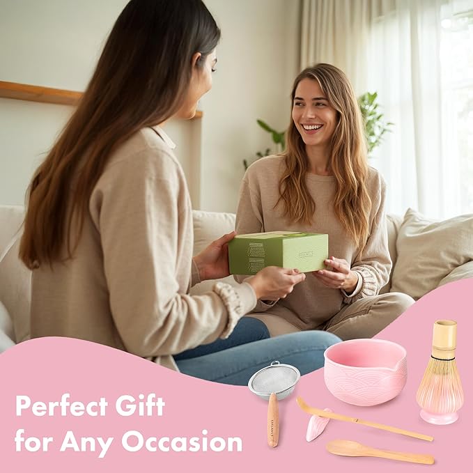 Matcha Whisk Set (7 Pcs) - Complete Matcha Set, Matcha Bowl with Spout, Whisk with Holder, Bamboo Scoop with Rest and Sifter, Perfect Kit for Matcha Lovers (Sakura Pink)