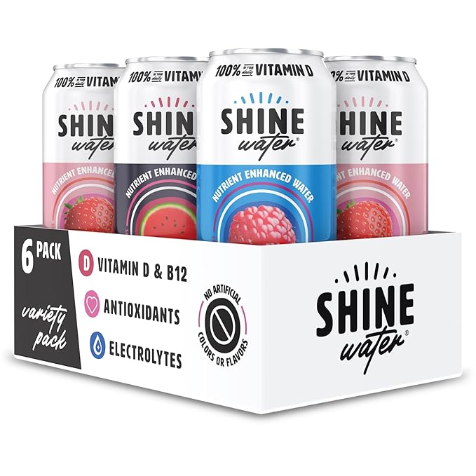 ShineWater Vitamin D Electrolyte Drink | Zero Sugar Hydration Beverage with Magnesium, Zinc & Antioxidants | Low Calorie Plant-Based Vitamin Water | Variety Pack of 6