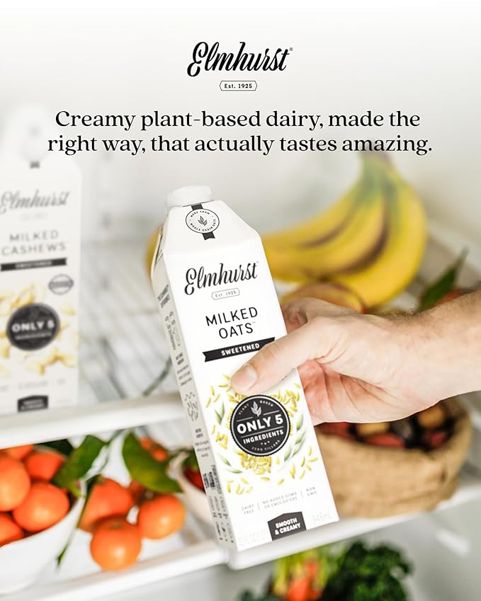 Elmhurst 1925 Sweetened Oat Milk - 32 Ounce (Pack of 6) Dairy-Free, Vegan, Kosher, Gluten-Free, Shelf Stable Plant Based Milk Made with Whole Grain Oats for Healthier Coffee, Latte & Smoothies