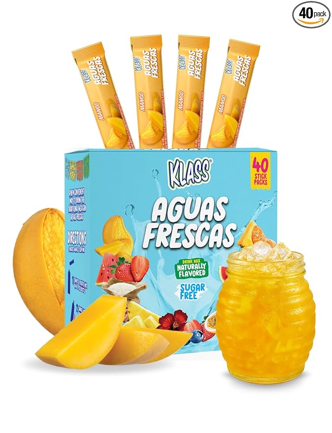 Klass Aguas Frescas | Drink Mix Packets | Mango Flavored | Sugar Free On-The-Go Packets, Low Calorie (40 Count Powder Stick Packs)