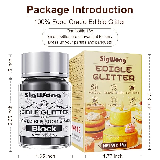 Black Edible Glitter - 15g Food Grade Luster Dust Powder, Cake Decorating Sprinkle Glimmery Dust for Drinks, Wine, Fondant, Chocolate, Candy, Cookie, Vegan