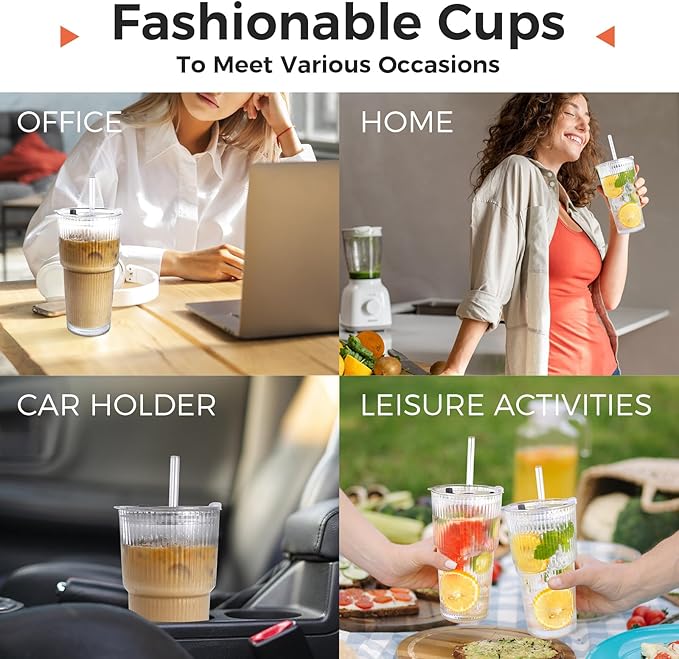 4PCS 20oz Glass Cups with Lids and Straws, Iced Coffee Cups with Lids, Stylish Ribbed Thick Drinking Glasses Tumbler for Juice, Smoothies, Cold Beverages, Cute Cup Gifts with Clean Brush