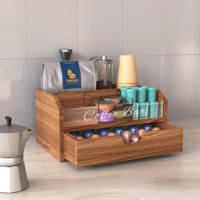 NiHome Solid Wood & Acrylic Coffee Station Organizer with Storage Drawer, Multi-Purpose Adjustable Compartments Coffee Pod Holder for Home, Office, Hotel, Kitchen Counter Storage for Tea, Sugar, Cups