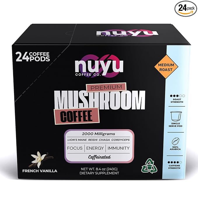Nuyu Mushroom Coffee Pods, K-Cups, 100% Medium Roast Arabica Coffee with Lion's Mane, Reishi, Chaga, Cordyceps, 2000mg per Pod (24, French Vanilla)