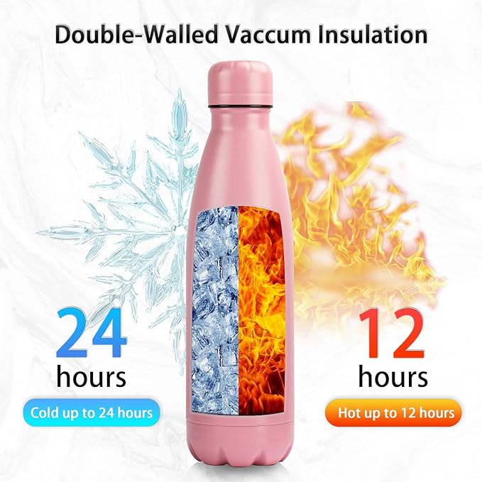 Insulated Water Bottle, 2 Pack-17oz Stainless Steel Water Bottles with straw lid, Metal Sports Water Bottles for Boys,Girls, Double Wall Vacuum BPA-Free Flask for School,Sports (Pink-Green)