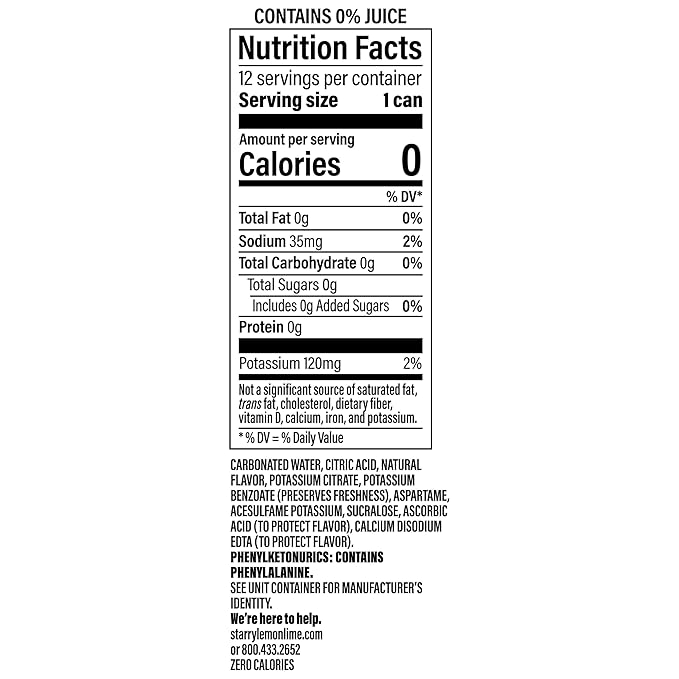 Starry Zero Sugar Lemon Lime Soda, 12 Fl Oz Cans (Pack of 12)