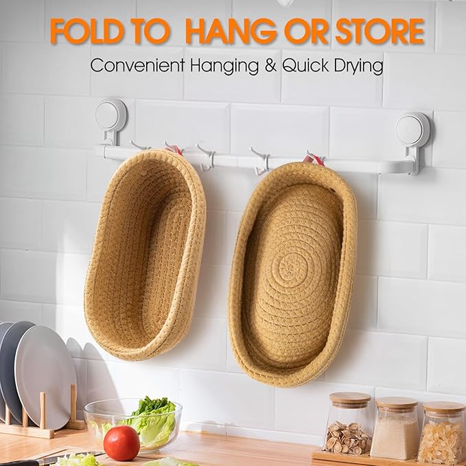 Cotton Rope Banneton Bread Proofing Basket Set - Includes handmade oval and round bread baskets with liners and covers. Ideal for sourdough bread baking supplies and starters