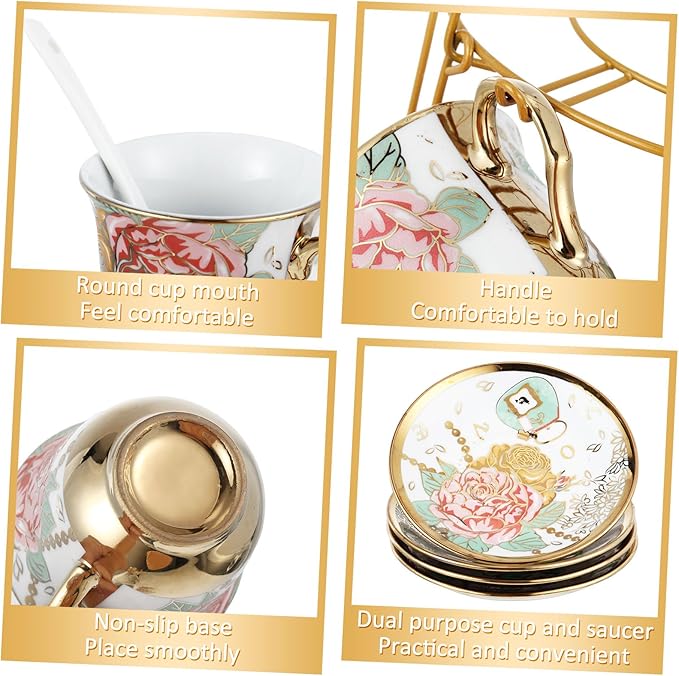 Zhehao 20 Pcs Porcelain Tea Set with Metal Holder and Spoon Adult Ceramic Tea Party Set European Flower Painting Teapot Cup Saucer Spoon Set for Women, Large Version(Bright Style)