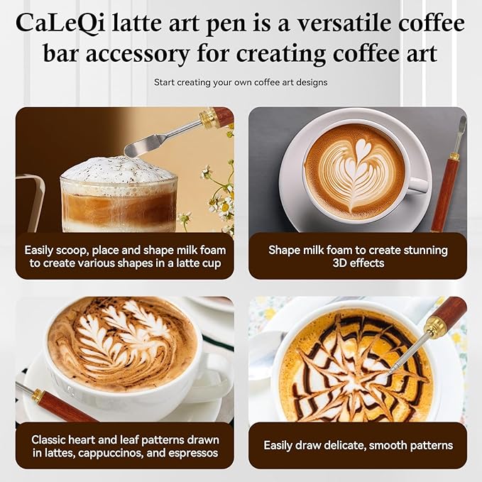 Latte Art Pen 1Pcs,Stainless Steel and Brass with Rosewood Handle of Tools - Barista Tools for Art on Latte,Cappuccino,Espresso - Perfect Coffee Accessories for Coffee Bar