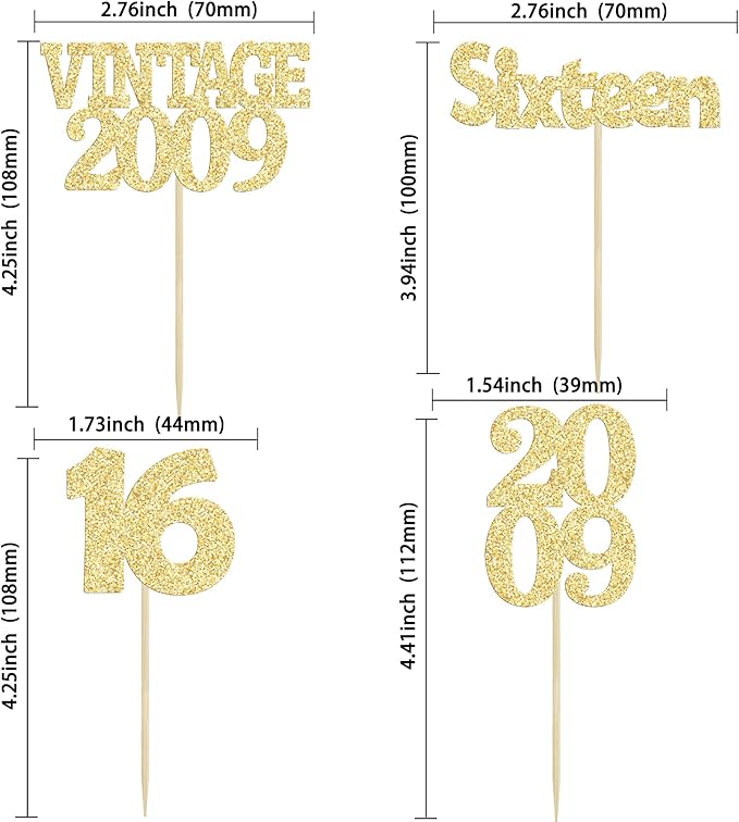 Gyufise 24Pcs Sweet 16 Cupcake Toppers Glitter Sixteen Vintage 2009 16th Birthday Cupcake Picks Hello 16 Years Birthday Cake Decorations for Happy 16th Anniversary Party Supplies Gold