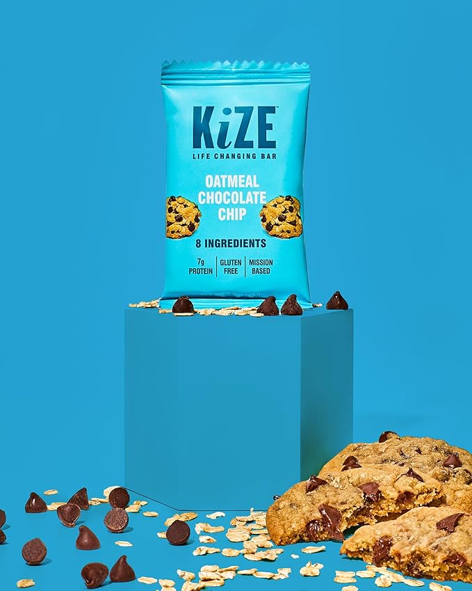 KiZE Energy Bars - Oatmeal Chocolate Chip - 20-Count - Gluten Free, Dairy Free, Non-GMO, and High Protein Meal Replacement Energy Bars, Clean and Simple Food Ingredients - 7g High Protein Snacks (20 Count)