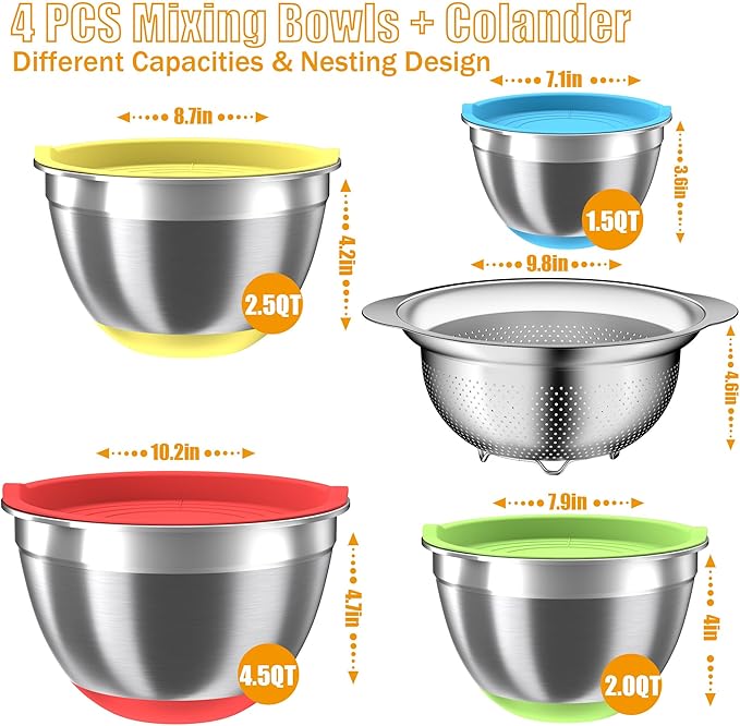 Mixing Bowls with Airtight Lids Set, 4 Stainless Steel Bowls Nesting Bowls & Colander, Kitchen Organizers and Storage Non-Slip Bottom, Size 1.5/2.0/2.5/4.5QT, Great for Mixing & Serving, Multicolor