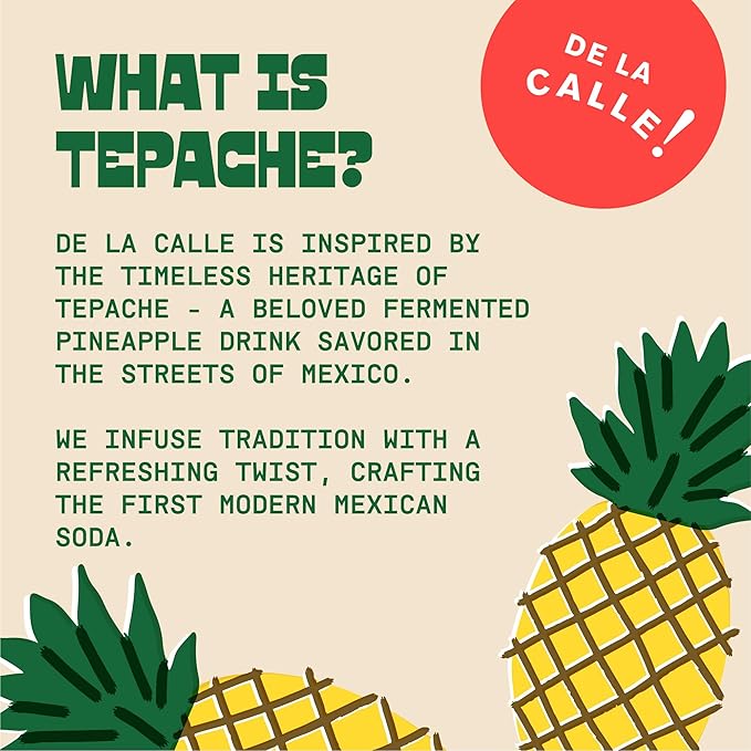 De La Calle Tepache - Pineapple Spice - Modern Mexican Soda - Craft Fermented Pineapple Sparkling Beverage - Certified Organic, Antioxidant Rich, Non-Alcoholic, Healthy Soda, Low Sugar, Low Calorie, Non-GMO