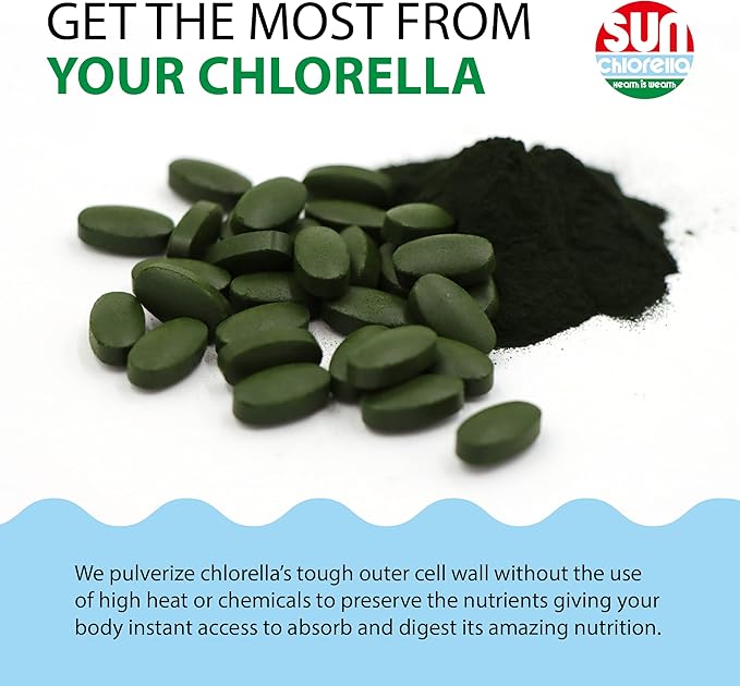 Sun Chlorella 500mg Whole Body Wellness Green Algae Superfood Supplement - Immune Defense, Gut Health, Natural Purification, Energy Boost - Chlorophyll, B12, Iron, Protein - Non-GMO - 600 Tablets