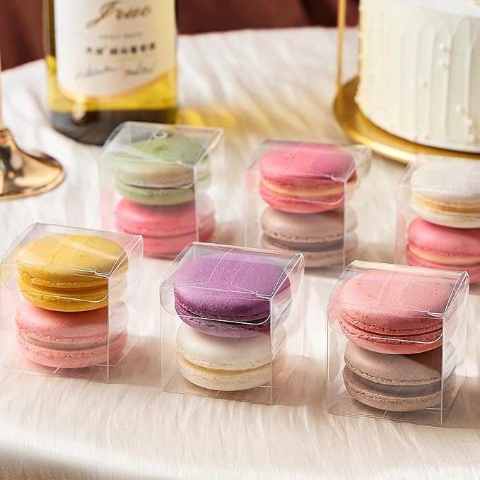 100 Pack 2x2x2 Inches Clear Favor Boxes with Ribbons, Mini Transparent Cube Treat Boxes for Candy & Chocolate Bomb, Plastic Individual Macaron Packaging Box for 2
