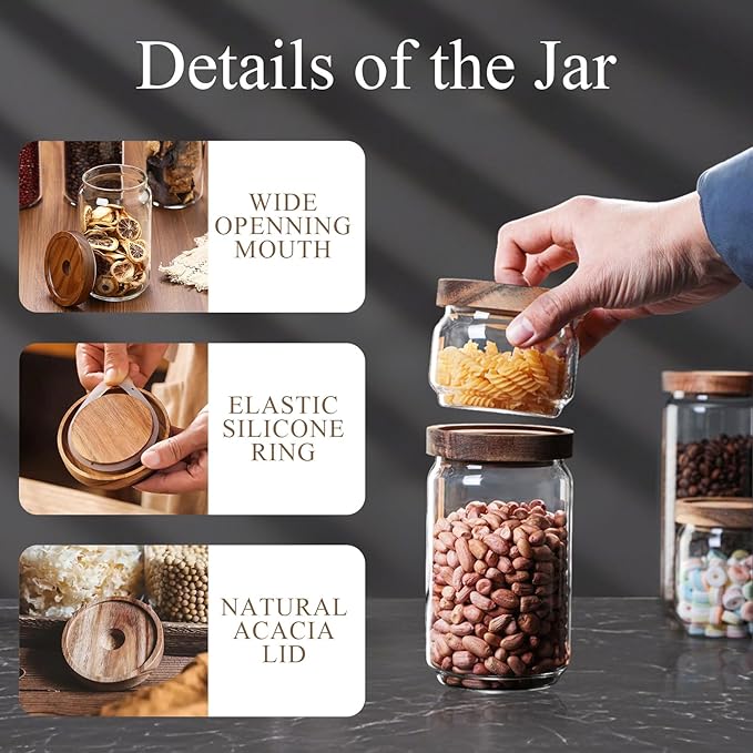 Glass Jars with Airtight Wood Lids - 25 oz Small Kitchen and Pantry Storage Containers, Canisters for Chia Seed, Ground Coffee, Sugar, Spice, Salt, Salad, Matcha, Set of 2