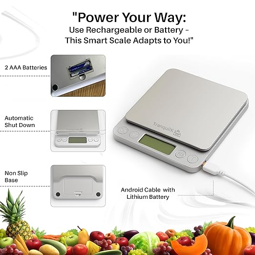 Rechargeable Digital Food Scale for Kitchen with Gram and Ounce – Smart Kitchen Scale for Food Products, Baking, Sourdough Bread Making, Cooking, Weight Loss, Jewelry & Packages (0.1g/5kg)