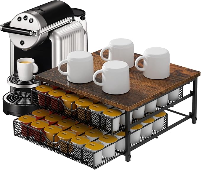 Coffee Pod Drawer Holder Capsule Storage Organizer 2 Tier Coffee Pods Holder With Sliding Baskets for 72 Capacity K Pod, Suit for Home Office Cafe Counter (Black)