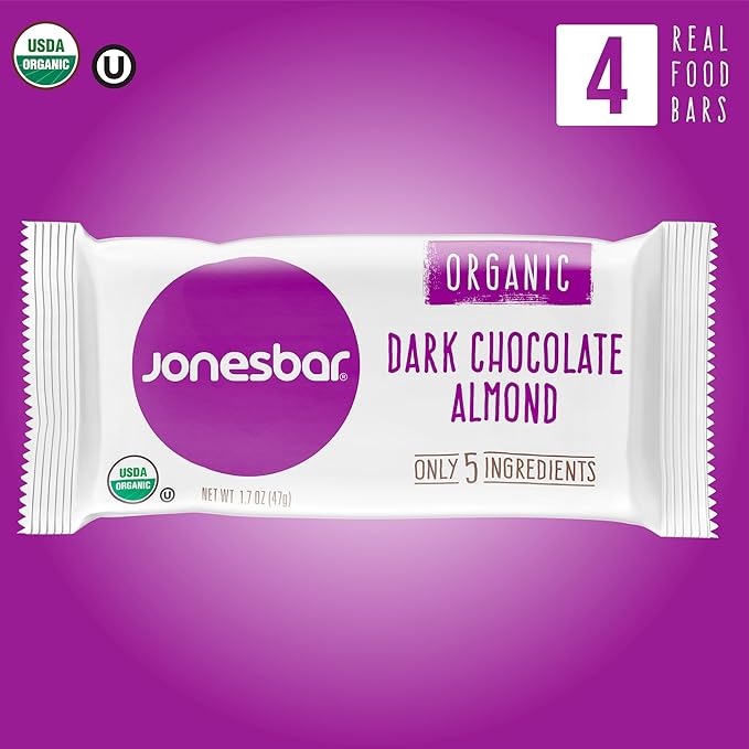 jonesbar (Dark Chocolate Almond, 4 Count (Pack of 1)), USDA Organic Fruit & Nut Bar, Non-GMO, Kosher, Vegan, Gluten Free, Simple Snack Bar