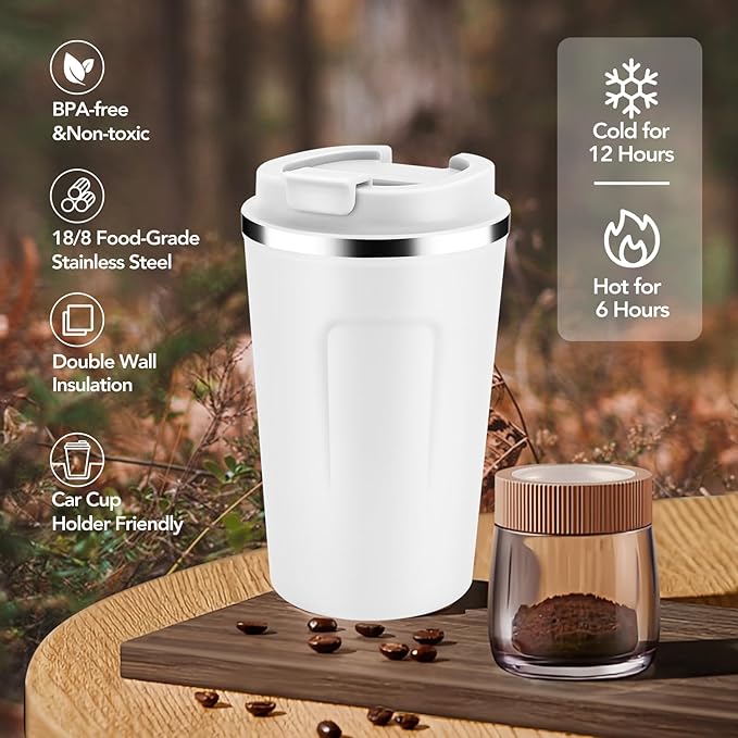 Volhoply 12 oz Double Wall Insulated Vacuum Travel Coffee Mug with Flip Lid Bulk 4 Pack,Reusable Stainless Steel Leak Proof Coffee Cups,Portable Cafe Thermal Tumbler for Hot & Cold Drinks(White,4 Set)