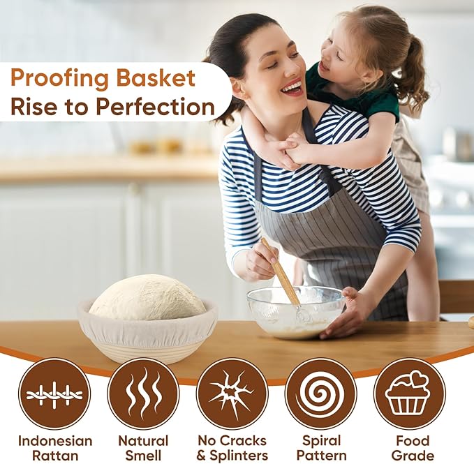 Bread Proofing Basket Set, Round 9" Sourdough Proofing Basket for Bread Making Tools and Supplies, Sourdough Bread Baking Supplies, Ideal Basket Gift Set for Artisan Bakers