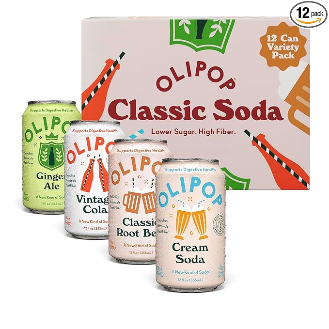 OLIPOP Prebiotic Soda Pop, Classic Soda Variety, Pantry Pack Packed with Prebiotics, Fiber, and Botanicals, Gluten Free, Vegan, GMO Free, 12oz (12-Cans)