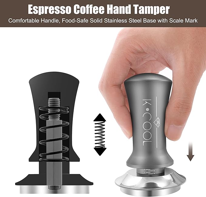 K COOL 51mm Coffee Espresso Tamper, Premium Barista Tools, Calibrated Spring Tamper, 100% Stainless Steel Flat Base Tamper with Scale Mark for Espresso Machine (Silver)