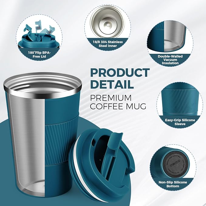 Volhoply 13 oz Stainless Steel Insulated Travel Coffee Mug with Fip Lid Bulk 2 Pack,Reusable Double Wall Vacuum Metal Coffee Cup,Portable Leak Proof Thermal Tumbler for Hot&Cold Drinks(Assort Color,2)