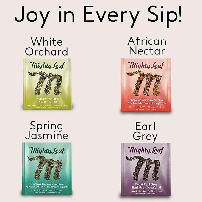 Mighty Leaf Organic Tea Sampler – 40 Count Silken Tea Bags – 8 Assorted Flavors: Tropical Green, Chamomile Citrus, Earl Grey, Vanilla Bean, White Orchard, Breakfast, Spring Jasmine, African Nectar – Premium Tea Gift Box