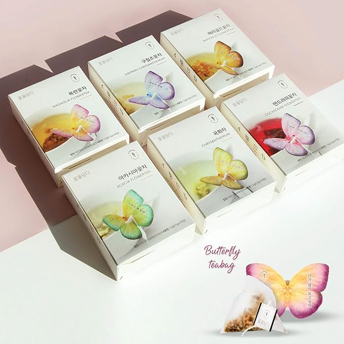 KKOKDAM Korean Tea Gift Set – 6 Flavor Butterfly Tea Bag Sampler – Elegant Box for Tea Lovers - Perfect as Unique Gifts