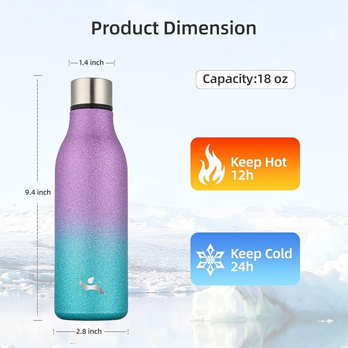 Insulated Water Bottle with Strap,18 oz Double Wall Stainless Steel Vacuum Bottles Metal Water Flask,Sparkling Purple Green