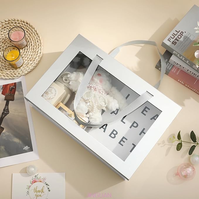 Large Silver Clear Gift Boxes, 13.5x9x4.1 Inches, 5 Pack with Windows by Handles, Magnetic Closure, Suitable for Various Occasions