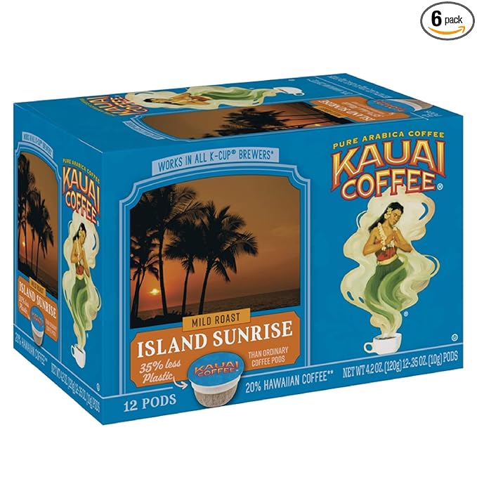 Kauai Coffee Single-Serve Pods, Island Sunrise Mild Roast - Arabica Coffee from Hawaii’s Largest Coffee Grower, Compatible with Keurig K-Cup Brewers - 12 Count (Pack of 6)