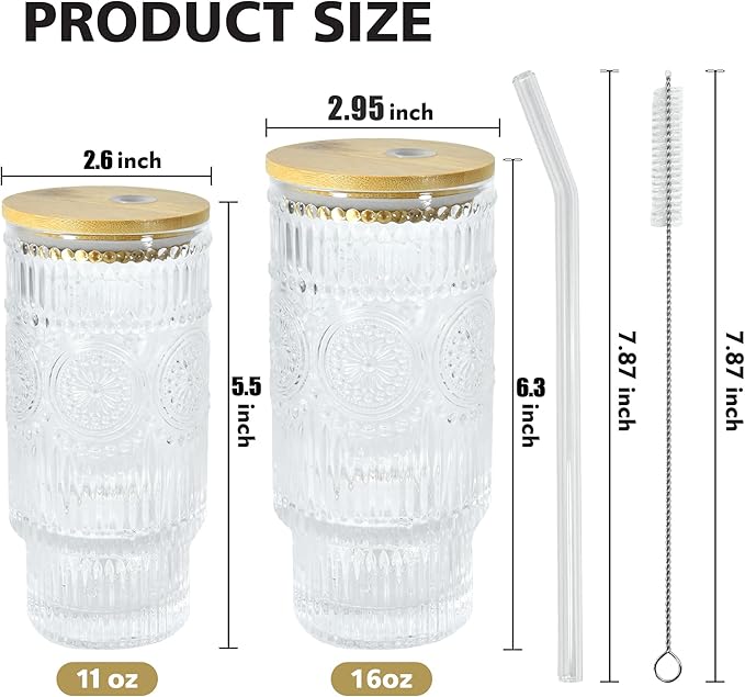 4 Pcs 11 oz Drinking Glasses Cups Set with Bamboo Lids Straws Brush Small Glassware Set for Juice Iced Coffee Cocktail Whiskey(Sunflower*4)